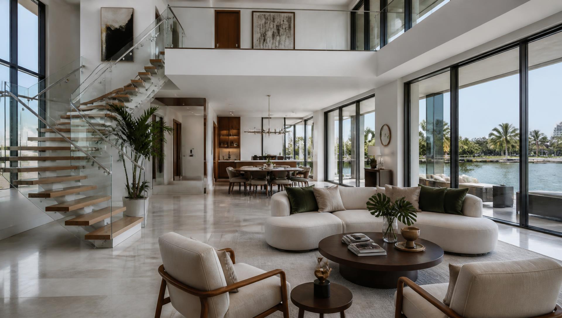 Interior view of a luxury waterfront residence with canal views